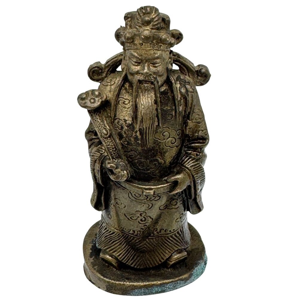 Vintage Brass Lu Xing Chinese God Of Prosperity Statue 4.5" Tall Detailed Design